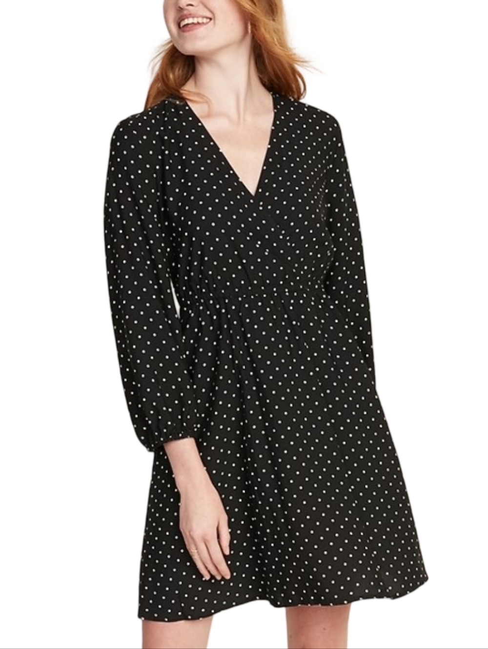 Old Navy Black & White Polka Dot Long Sleeve Faux Wrap Dress Size S Casual Work